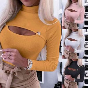 Women T-Shirt Sexy Ladies Slim Fit Hollow Out Knitted Solid Color Turtleneck Long Sleeve Black White Pink Yellow Fashion Tops 210522