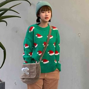 2Colors Womens stickad tröja Höst och vinter Koreansk stil Kvinna Christimas Hat Tröjor och Pullovers Womens (C8190) 210423