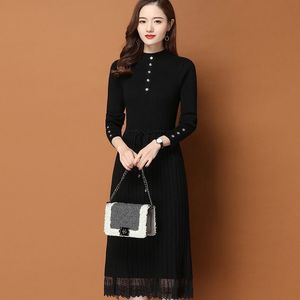 Solid Striped Dress For Women Lace Hem Slim Mid-Calf Sweater Womens Pleated Skirt Office Lady Elegant Elasticity Dresses 210524