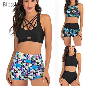 Sport Hög midja Bikini Kvinnor Badkläder Sexig Crop Top Plus Storlek Baddräkt Swimming Suit Bad Set med Shorts 210621