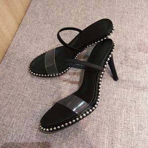 sandali da donna fashion casual designer con punte nere in pvc trasparente con cinturino e tacchi alti con sacchetto per la polvere