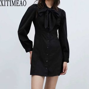 XITIMEAO Women Clothing Autumn Elegant Vintage Bow Tie Midi Dress Spring Casual Long Sleeve Slim Mini Skirt 210602