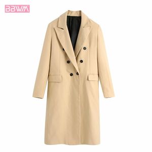 Fashion Long Double Breasted Lapel Long Sleeve Women's Jacket Coat Retro Pocket Back Vents Chic Female Tops 210507