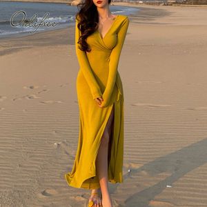 Outono mulheres de malha manga comprida sexy bodycon lace up slit maxi vestido de praia 210415