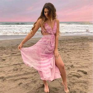 Tie-färgad rosa Party Beach Dress Sexig Backlös Sommar Lång Ärmlös Sida Slit Sundress Lace Up Holiday 210427