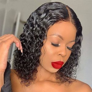 Wholesale short bob wigs with middle part resale online - Short Brazilian Curly Human Hair T Part Lace Wigs Density Natural Color Middle Part Bob Wig For Black Women