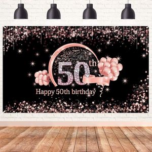Decoração de festa decoração de banner de 50º aniversário decoração de pano de fundo rosa ouro happy signo poster de pó adereços
