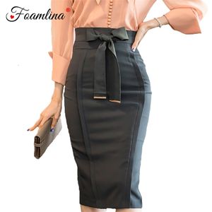 Elegancka Spódnica Ołówek Damska Moda Koreański Ol Styl Bowknot Wysokiej Talii Długość Knee Work Biuro Bodycon 210603