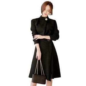 ビジネスボタンのドレス春の女性の正式な黒い赤いタートルネック作業ドレスファッション長袖サッシOL Vestidos 210514