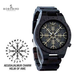 Handmade bobo pássaro relógios de madeira homem mulheres runic círculo relógio com leme dourado de admiração ou vegvisir relógio de pulso de quartzo macho 210407