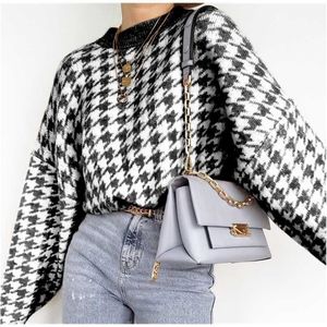 Women Casual Houndstooth Lady Pullover Sweater Female Autumn Winter Retro Jumper Women Geometric Blue Knitted Sweater Femme 211215