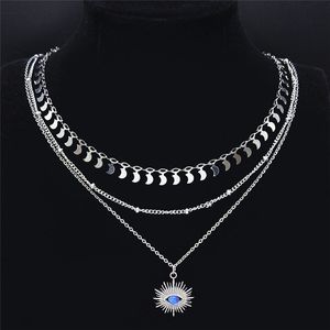 3PCS Boho Eye Blue Opal Stainless Steel Charm Necklace for Women Silver Color Layered Chain Necklace Jewelry collier NXS04