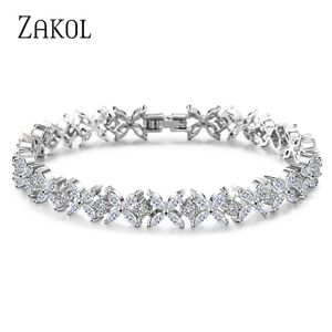 ZAKOL Classic White Marquise Cut Cubic Zircon Chain & Link Bracelets Bangles Flower Bridal Wedding Jewelry For Women FSBP094