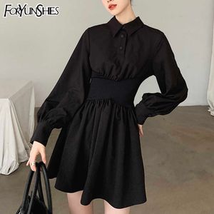 Foryunshes mulheres manga comprida magro mini vestido feminino cintura alta sexy preto sólido polo colarinho vestido coreano estilo moda 210709