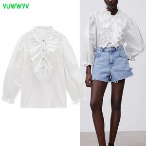 女性のための夏の白いシフォンフリルカラーシャツのためのエレガントなフリリーベージュのボタン女性ブラウスシックな長袖トップス210430