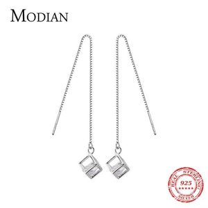 Sterling Silver 925 Długi Łańcuch Drop Kolczyki Dla Kobiet Square 3D Clear CZ Dynda Kolczyki Luksusowe akcesoria 210707