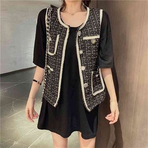 Spring Women Temperament Tweed Jacket Liten Fragrance Vest Single Breasted V Neck Ärmlös Plaid Elegant Ytterwear 210519