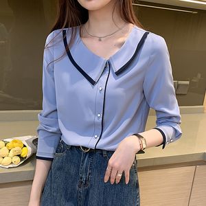Koreli Kadın Bluzlar Uzun Kollu Gömlek Kadın Şifon Bluz Bayanlar Temel Üst Artı Boyutu Rahat V Boyun Mavi Gömlek XXL 210427