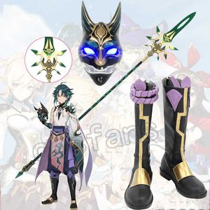 Genshin Impact Xiao Wig Shoes Cosplay Dark Green Manthetic Short Short مباشرة Xiao Sword Arms Cosplay Xiao Spear Weapon Y0903