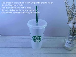 5pcs 24OZ transparent Tumblers plastic color-changing juice reusable beverage Starbucks coffee cup with lid and straw