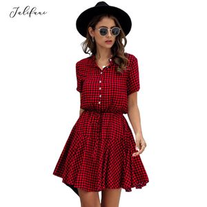 Summer Casual Short Sleeve Plaid Snake Mini Dress Fashion Button Stand Collar Women A Line Short Dress Elegant New 210415