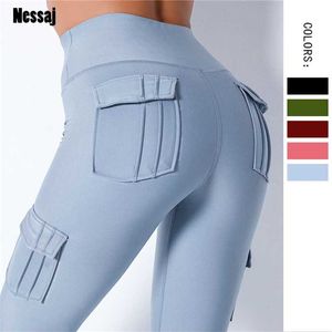 Nessaj alta cintura fitness leggings mulheres bolso cor sólida push up legging roupas poliéster 211204