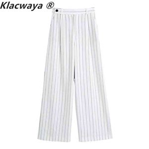 ZA Women Summer Striped Casual Loose Suit Pants Wide-Leg Trousers Ladies Elegant White Long Pant 210521