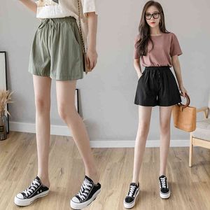 Sommar kvinnor shorts casual solid bomull och linne kvinnlig mode elastisk midja korta byxor comfy lösa 210423