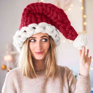 ウールの糸の完全なクリスマス帽子手作り編み物厚いヤーン大人の子供クリスマス帽子新年ギフトクリスマスの装飾y21111