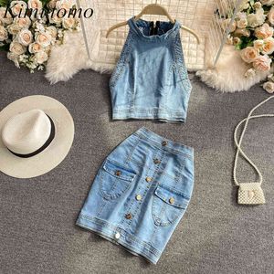 Kimutomo Chic Suits Single Breasted High Waist Hong Kong Stil Retro Denim Skirt Kvinnor Zipper Stand Collar Ärmlös Top 210521