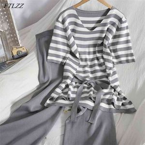 Vår sommar kvinnor Casual Two Piece Set Short Sleeve Striped T-shirt Bandage Slim Long Wide Ben Byxor Outfits 210430