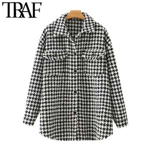 TRAF Women Fashion Oversized Houndstooth Frayed Tweed Jacket Coat Vintage Långärmad Fickor Kvinnlig Ytterkläder Chic Top 220105