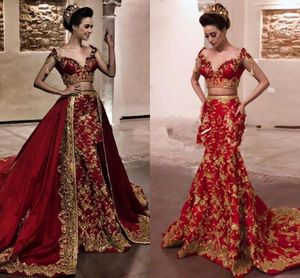 Dubai Arabic Luxury Mermaid Formal Evening Dresses 2022 Celebrity Party Occasion Wear Red And Gold Lace Appliques Beaded Prom Dress Women Bride Reception Gowns