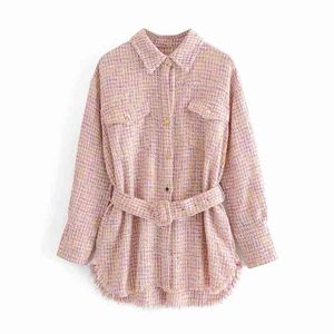 Vintage Chic Pockets Tassel Plaid Tweed Jacket with Belt Women Fashion Single Breasted Lapel Collar Coat Female Chic Outerwear 210520