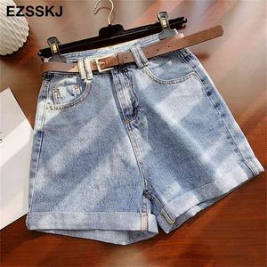 Kvinnors Denim Shorts High-Waist Kvinnor Casual Loose Ladies Fashion Stor Storlek Elastisk Midja Wide-Ben Korta Jeans 210714