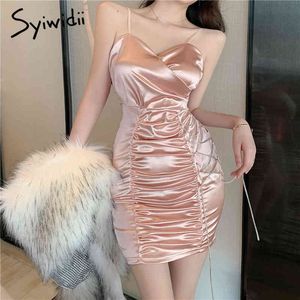 Syiwidii ​​Bodycon 여성을위한 새틴 미니 섹시한 여름 스파게티 스트랩 A 라인 솔리드 핑크 붕대 한국어 스타일 V 넥 폴드 210417