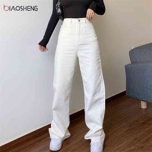 White Jeans Woman High Waist Streetwear Baggy Mom Vintage Denim Trousers Pocket Washed Casual Fashion Y2k Pants 210809