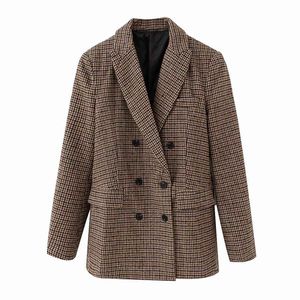 Elegant women double-breasted blazer autumn office ladies jackets causal female brown plaid loose suits girls chic sets 210427
