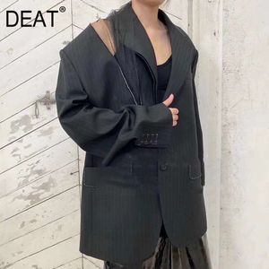 [Deat] v-pescoço de vc colarinho preto malha retalhos jaqueta jaqueta assimétrica bolsos duplos casaco mulheres shopping goth gx746 210428