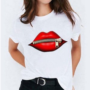 Zipper Vermelho LIP T-shirt T-shirt Mulheres Casual Manga Curta Tshirts Criatividade Vintage Harajuku Tops Womens Tee Funy Feminino