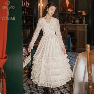 YOSIMI Beige Lace Dress Elegant Summer Ruffles Fraiy V-neck A-Line Mid-calf Long Sleeve Birthday Party Women Cake Dresses 210604