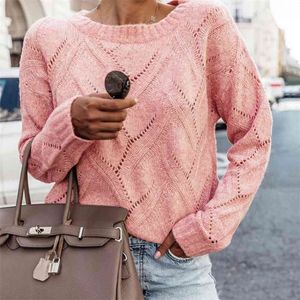 Frauen Sexy Aushöhlen Rosa Pullover Casual Langarm Pullover Herbst Winter Pull Femme Nouveaute Top Jersey Mujer 210507