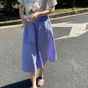 Hxjjp sommar lila litterär syster stor ficka elastisk midja kjol 210607