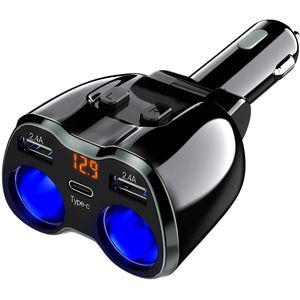 Carregador de carro USB 2 Sockets Cigarro Isqueiro Divisor 12 / 24V 80W Dual-USB Type-C Portas Interruptor LED Tensão Display Telefone Compatível Compatível Compatível Celular GPS