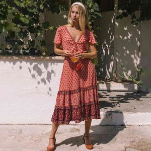 Jastie V-Ausschnitt Midi-Kleid mit kurzen Ärmeln Sommerkleider Boho Blumendruck Frauen Kleid Quaste Krawatte Taille Casual Strand Vestidos 210419