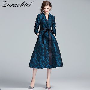 Elegant Jacquard Floral Trench Coat Autumn Winter Women Notched Single-Breasted Long Overcoat Female Pocket Outwear With Belt 210416