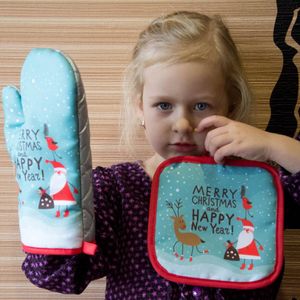 Jul Varm Ugn Mitts Baking Anti-Hot Gloves Pad Dining Kök Mat Nyår 2021 Navidad Xmas Party Decorations 2pcs / Set