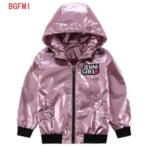 Teeny Girls Pu Shiny Bomber Jacket Spring Fall Broderade Baseball Girl Kids OuterWear Toppar Outfits Windbreaker Coat 211204