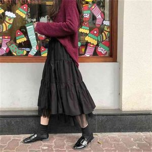 Sommer Schwarz Gothic Röcke A-Line Mesh Hohe Taille Midi Lange Plissee Frauen Fee Patchwork Koreanische Lose Weiß Streetwear 210421