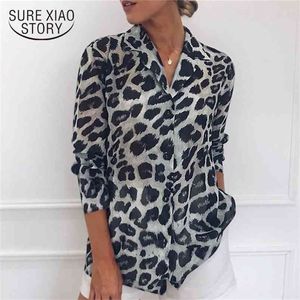 Kvinnor Kläder Långärmad Print Leopard Chiffon Blouse Shirts Plus Size Ladies Tops s och Blusar 3434 50 210506